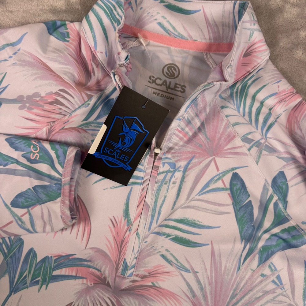 Scales Palm City Polo Womens Medium White Tropical Palm 1/4 Zip Myrtle Beach NEW